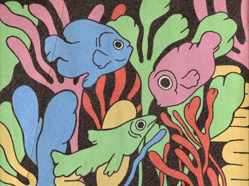 Tre fisk der grafisk er lavet i flotte farver på en baggrund af alger 